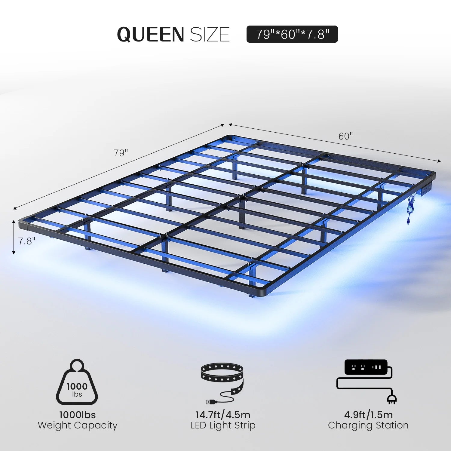 Modern Floating Queen Bed Frame with LED Lights and Charging Station No Box Spring Required
