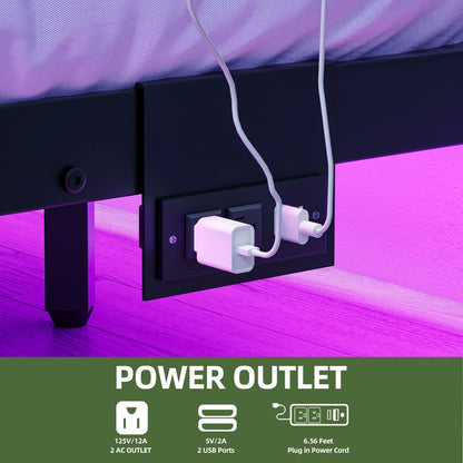 King Size Floating Bed Frame, LED Lights, Charging Station,No Box Spring Required, Black