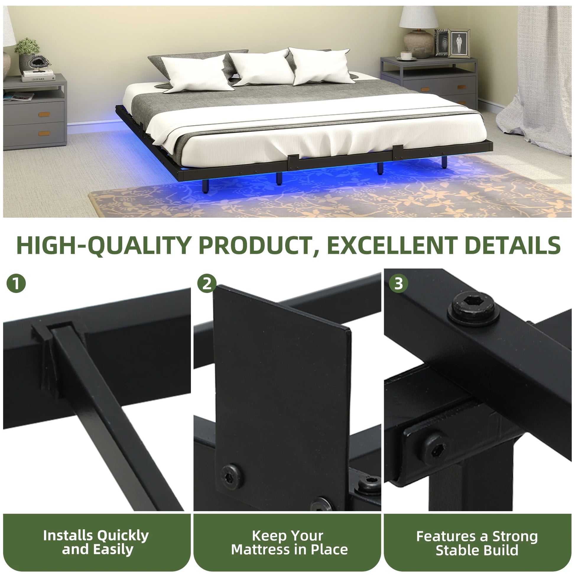 King Size Floating Bed Frame, LED Lights, Charging Station,No Box Spring Required, Black