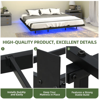 King Size Floating Bed Frame, LED Lights, Charging Station,No Box Spring Required, Black