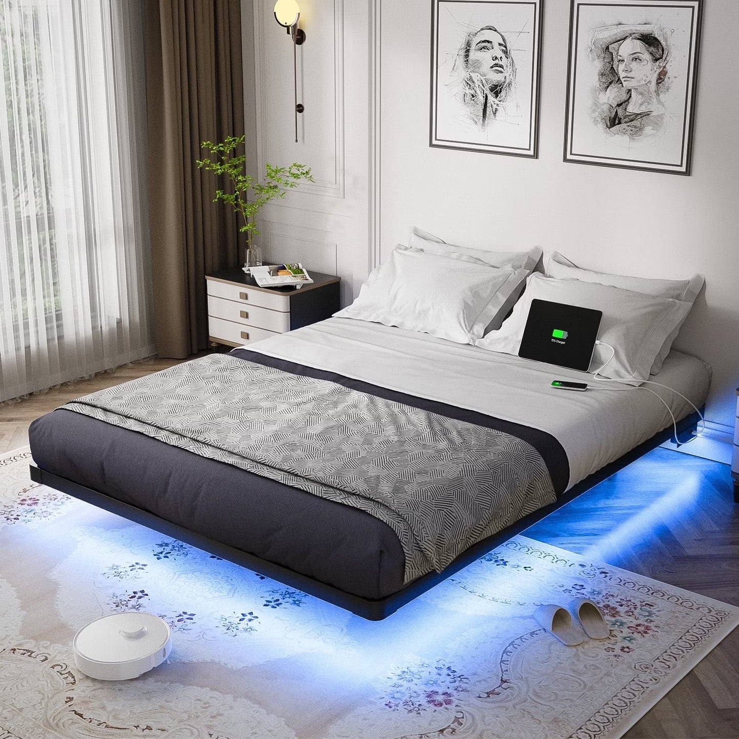 Modern Floating Queen Bed Frame with LED Lights and Charging Station No Box Spring Required