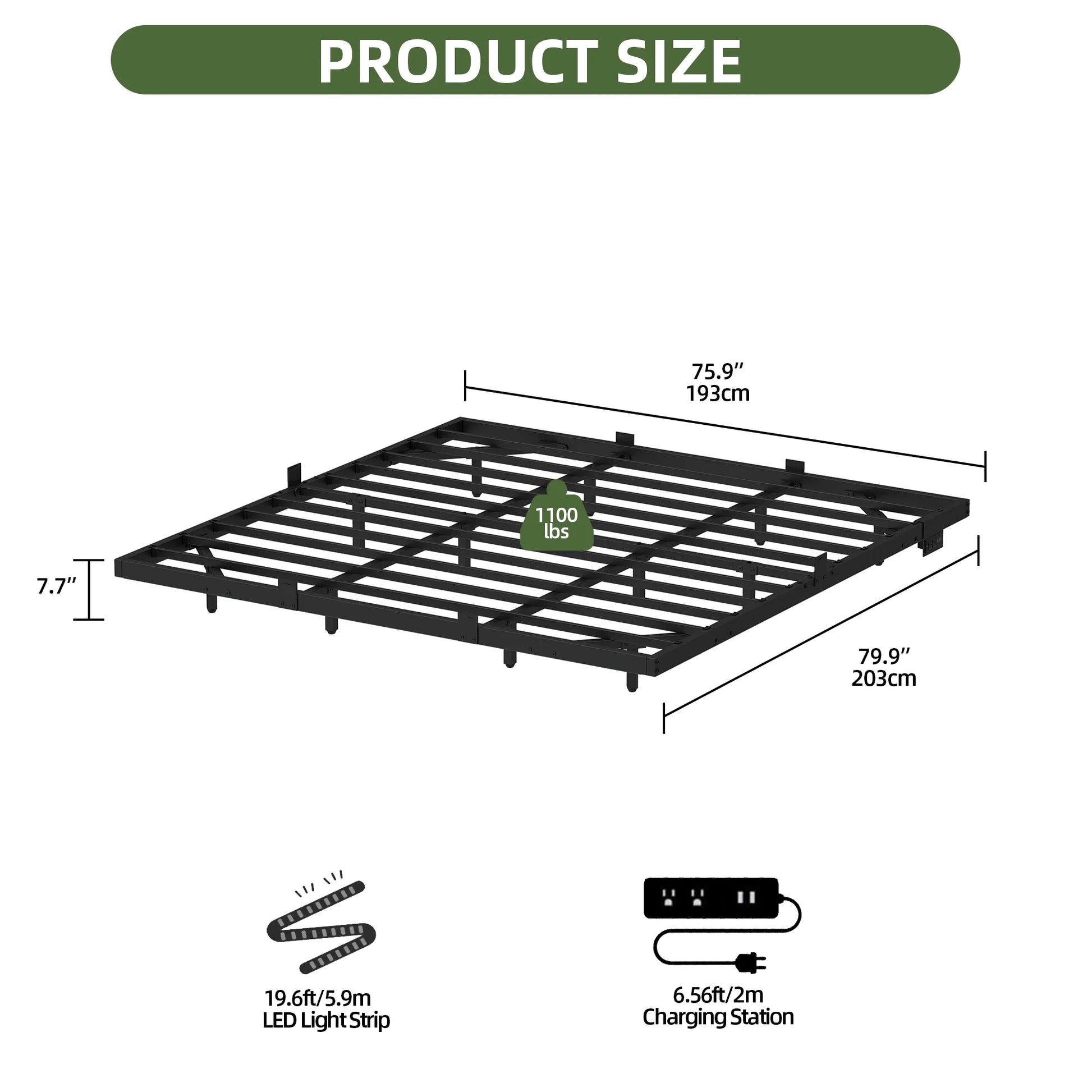 King Size Floating Bed Frame, LED Lights, Charging Station,No Box Spring Required, Black