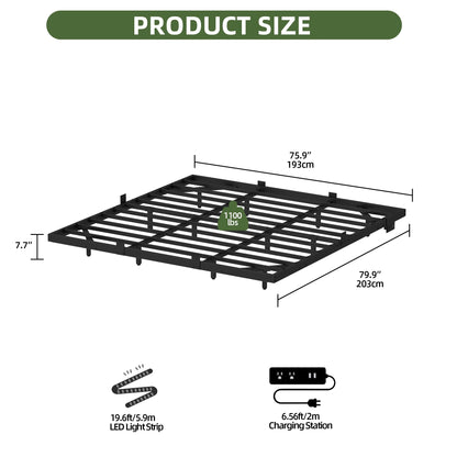 King Size Floating Bed Frame, LED Lights, Charging Station,No Box Spring Required, Black