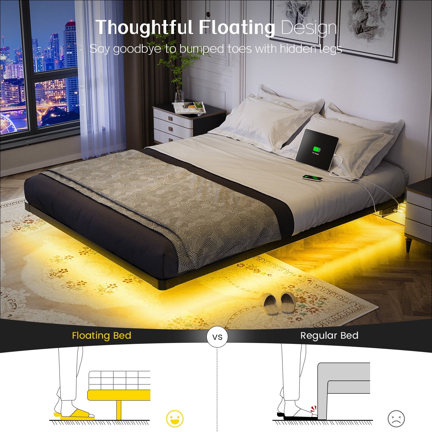 Modern Floating Queen Bed Frame with LED Lights and Charging Station No Box Spring Required