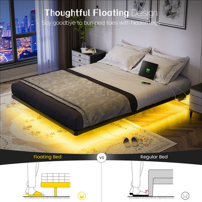 Modern Floating Queen Bed Frame with LED Lights and Charging Station No Box Spring Required